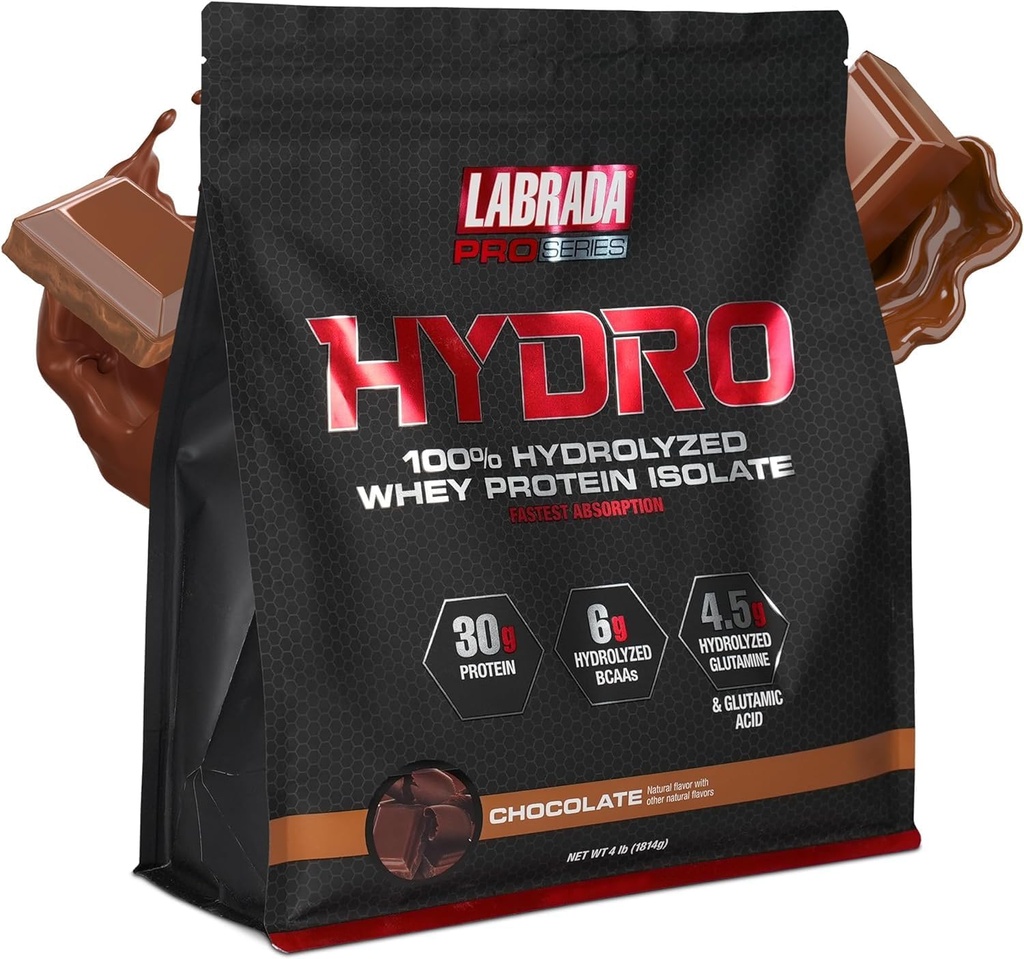 Labrada Hydro 100% Pure Hydrolysed Whey Protein Isolate Powder, Lactose Free, Glutamin, Fastest Digesting Whey Tilgængelig, Instant Mixing, Lækker smag 47 Servering 4lb (Chokolade)