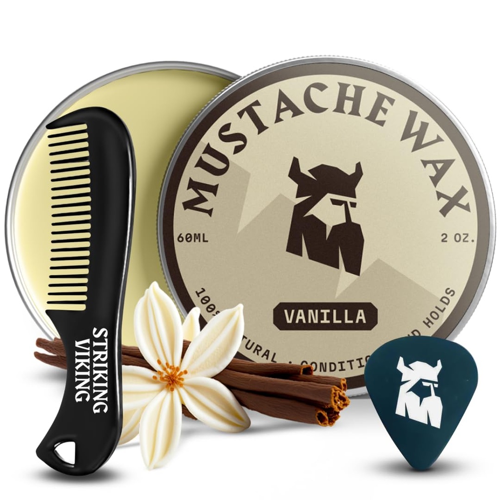 Striking Viking Mustache Wax & Comb Kit - 2 oz, Vanilla - Komplet Mustache Grooming Kit til mænd - Strong-Hold Styling & Wax Strong Hold - Pocket- Sized Præcision & Styling Comb