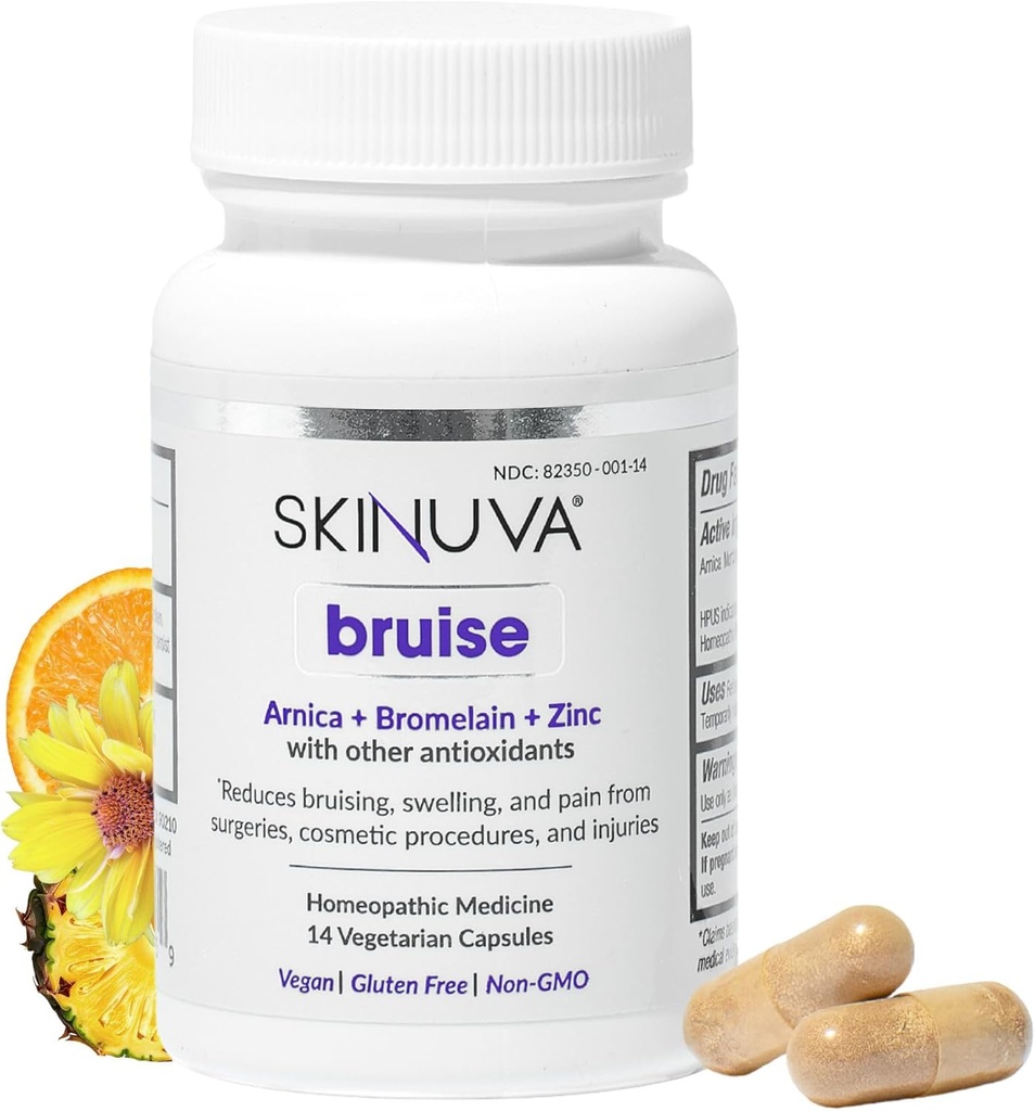 Skinuva ® Bruise - supplement til Bruise og Hævelse - En homøopatisk Bruise Remedy Formuleret med Arnica, Bromelain & Zink - 14 kapsler (7-dages behandling)