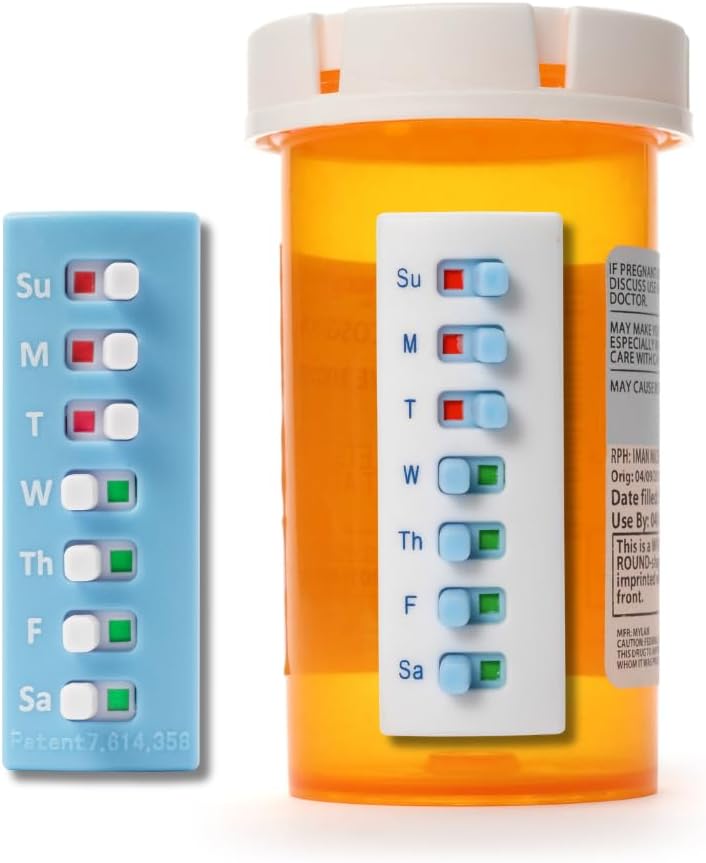 Tag Glide Peel og Stick Genbruges til 12 + Refills, Pill / Medicin / Vitamin / Pet Med Tracker & Reminder, Vedlæg til din flaske, Organizer-fri, Buet Buddy Back, Hvid & Blå (2 - Pack, 1 Hver)