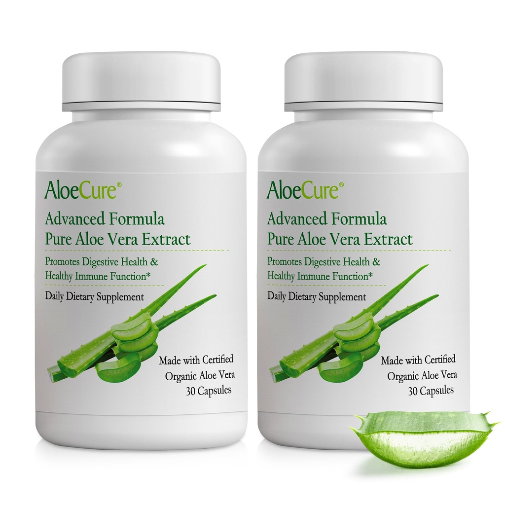 AloeCure Organic Aloe Vera Capsules, 160,000mg Inner Aloe Leaf Ækvivalent per servering, Support Gut, fordøjelsesbesvær, og immunsundhed, Hjælper med at opretholde balanceret Mavesyre, Aloin Free, 30Caps x 2Btl