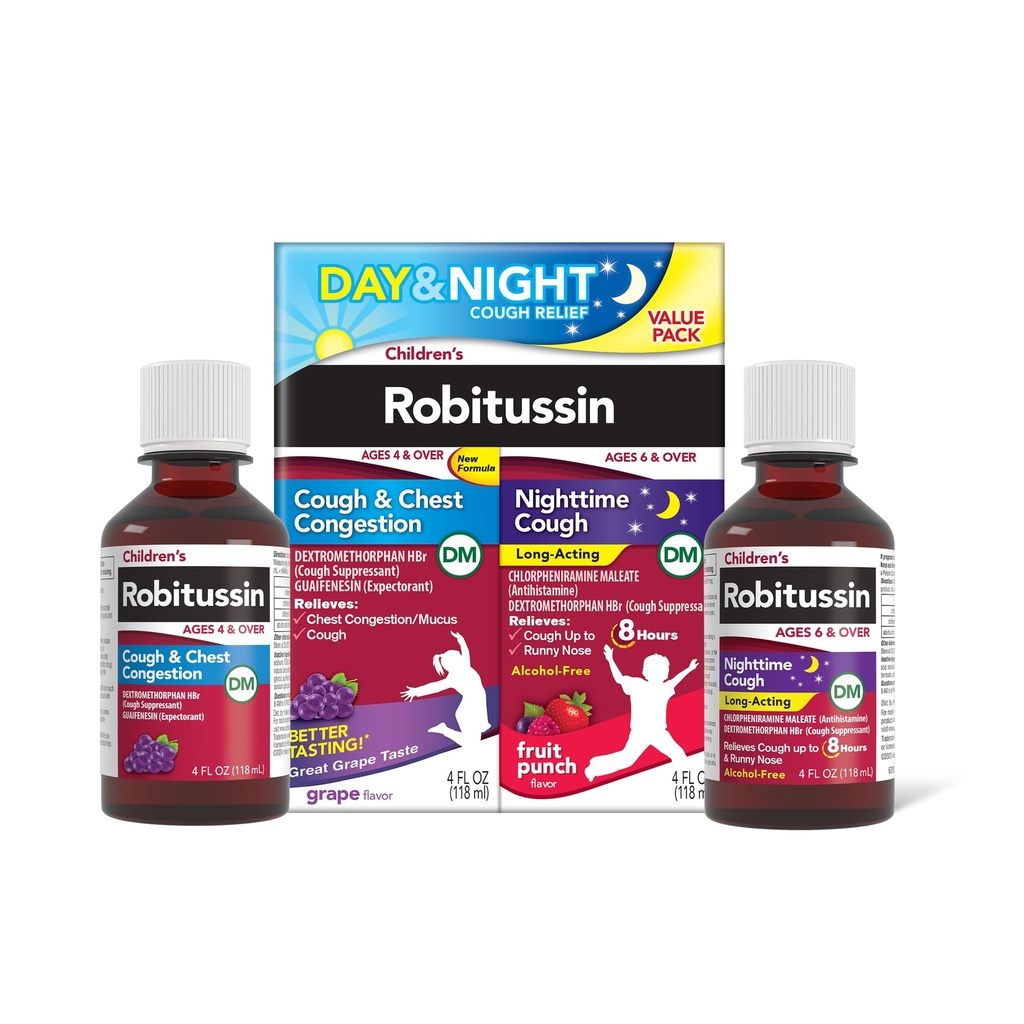 Børns Robitussin DM Dag og nat Hoste Relief Value Pack, Hoste Medicin, Grape / Fruit Punch Flavor - 4 Fl Oz x 2