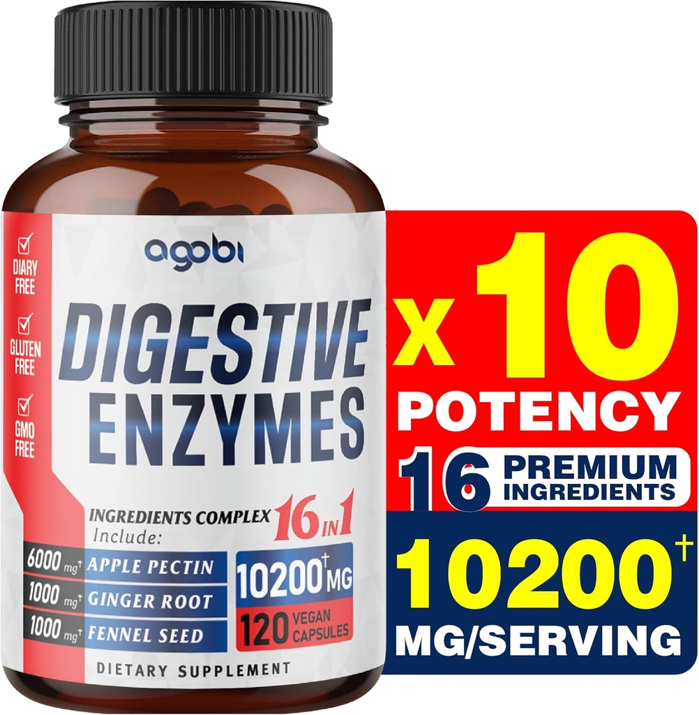 agobi 10200 Mg fordøjelsesenzymer med Prebiotic til fordøjelse, immunforsvar og kropsstøtte - 16in1 med Apple Pectin, Ginger Root, Prebiotic System & mere - 120 kapsler til 2 måneder