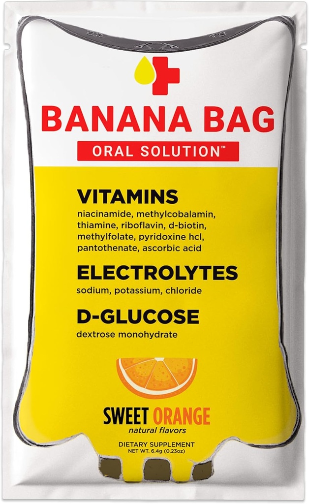 Bananpose Oral Solution Recovery Pakninger - I.V. Alternativ - Sweet Orange 30pk: Medbox Pharmaxist- Formuleret til hurtig energi boost, Rehydrering & Wellness. Elektrolyter + C-vitamin + stærk B- kompleks