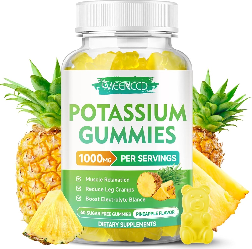 Kalium Citrate Gummies 1000mg, høj potens Kalium supplement Gummies for voksne kvinder & mænd, Support Leg Cramp & Muscle Health, Sugar- Free, Pineapple Flavor, 60 Greve