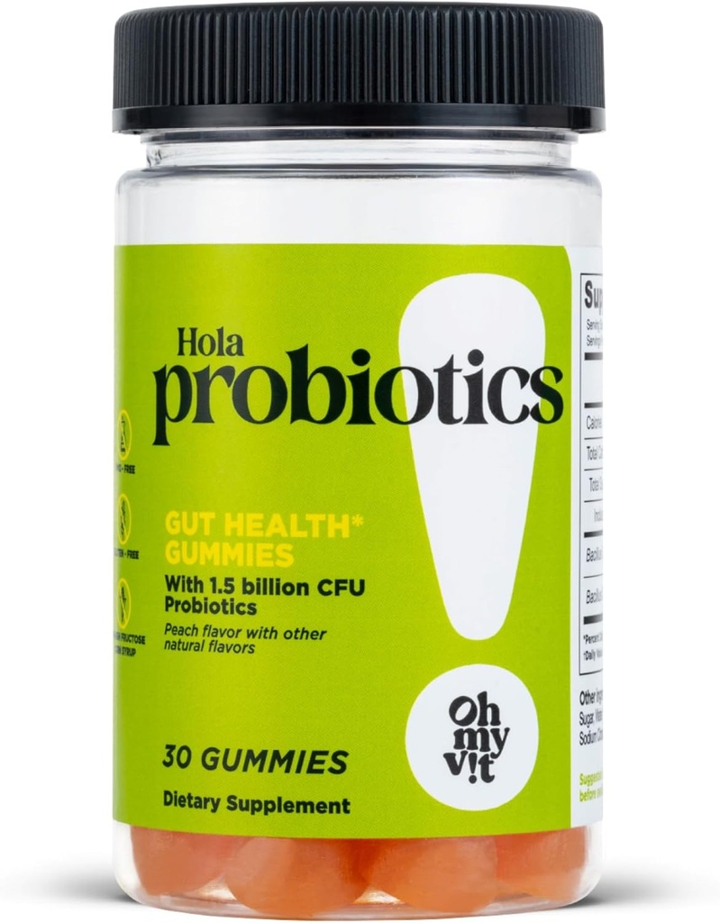 OH MY VIT! Hola Probiotics Gummy, Daily Supplement for Women and Men, 1.5 Billion CFUs, Peach Flavor, 30 Count