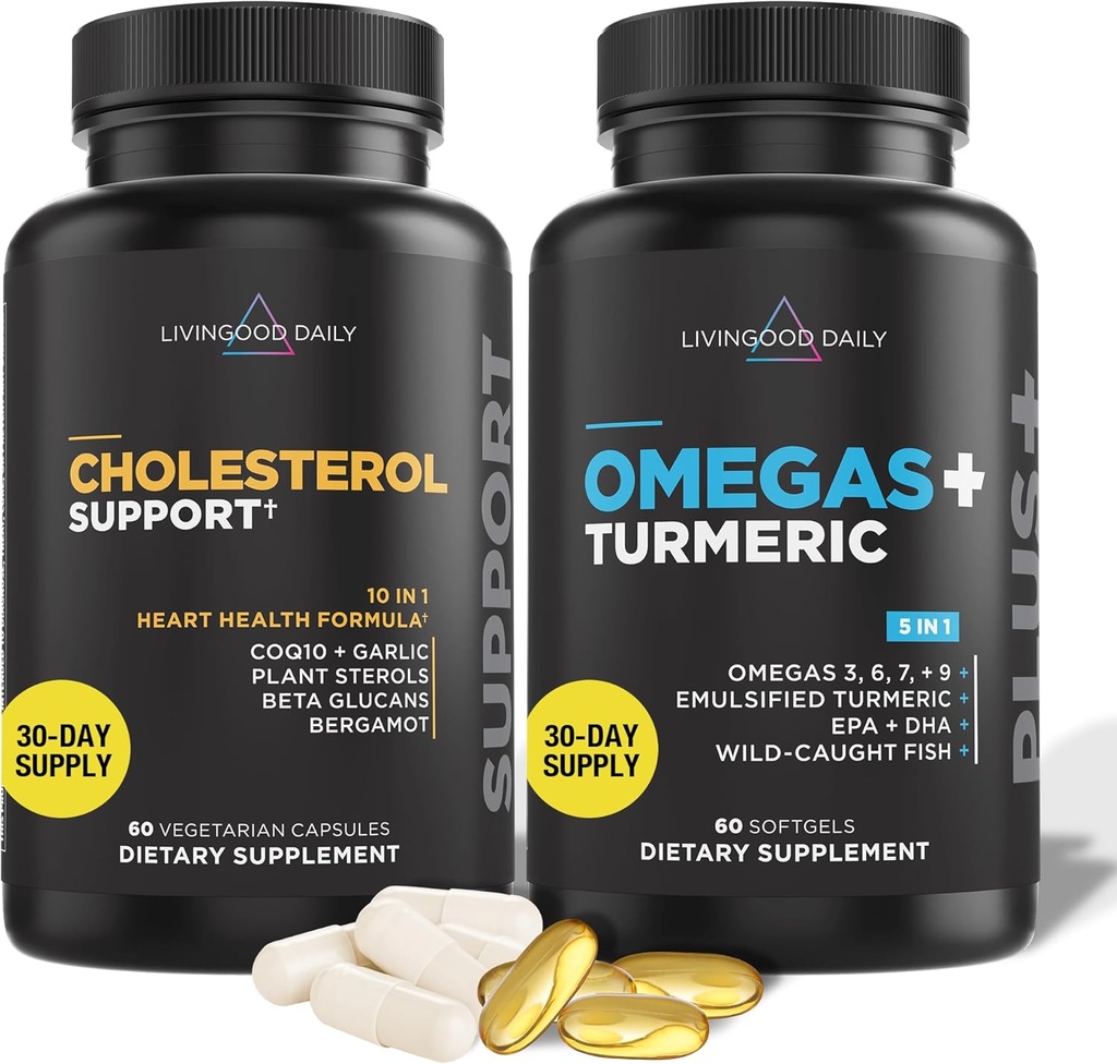 Livingood Daily Cholesterol Support, 60 Vegetariske Kapsler - CoQ10, Plant Steroler, Plant Steroler, Bergamot, & hvidløg Kosttilskud Support Heart Health & Sund Lipid Produktion - Non- GMO & Vegan