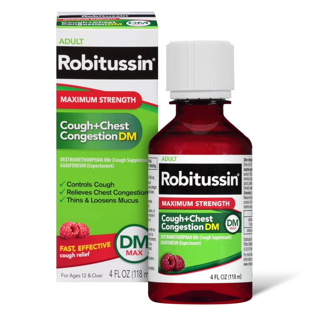 Robitussin Voksen maksimal styrke Host + Bryst Congestion DM Max (4 fl. oz. Flaske), Hoste suppressant & Expectorant, Raspberry Flavor