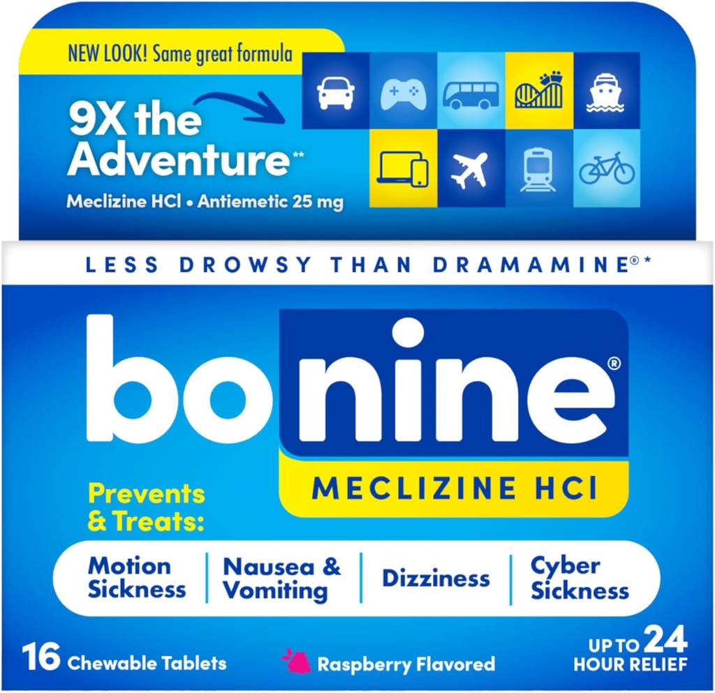 Bonine Non- Drowsy for Motion Sygdom Relief, Sea Sygdom, Bil Sygdom, Kvalme, & Opkastning - Meclizine HCI 25mg, Travel- Sized - 16ct Raspberry Chewable Tablets (Packaging May Vary)