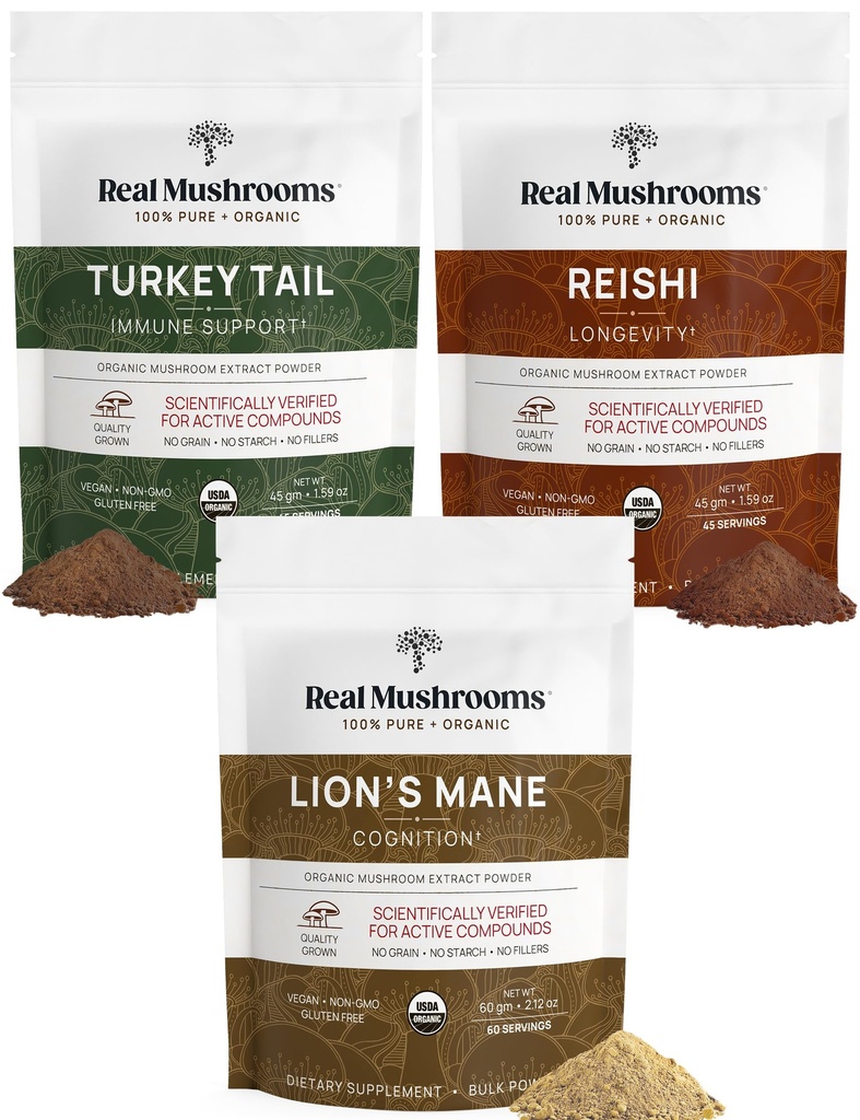 Lions Mane Extract Powder (60g) - 124; Reishi 415 - Extract Powder (45g) - 124; Turkey Hale Extract Powder (45g) - 124; Organic Mushroom, Non- GMO, Vegan