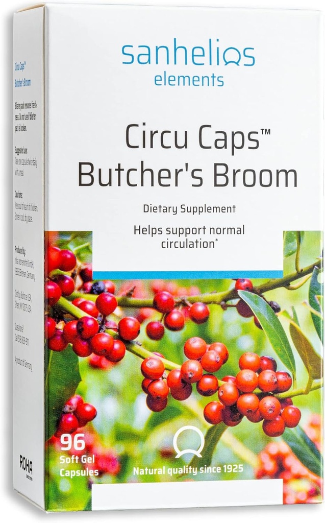 Sanhelios Circu Caps høj potens Butcher 's Broom Tørret ekstrakt 33mg & Rosemary Oil - Herbal Support Supplement for sund blodgennemstrømning, Veins & cirkulering i ben - 96 Softgel kapsler
