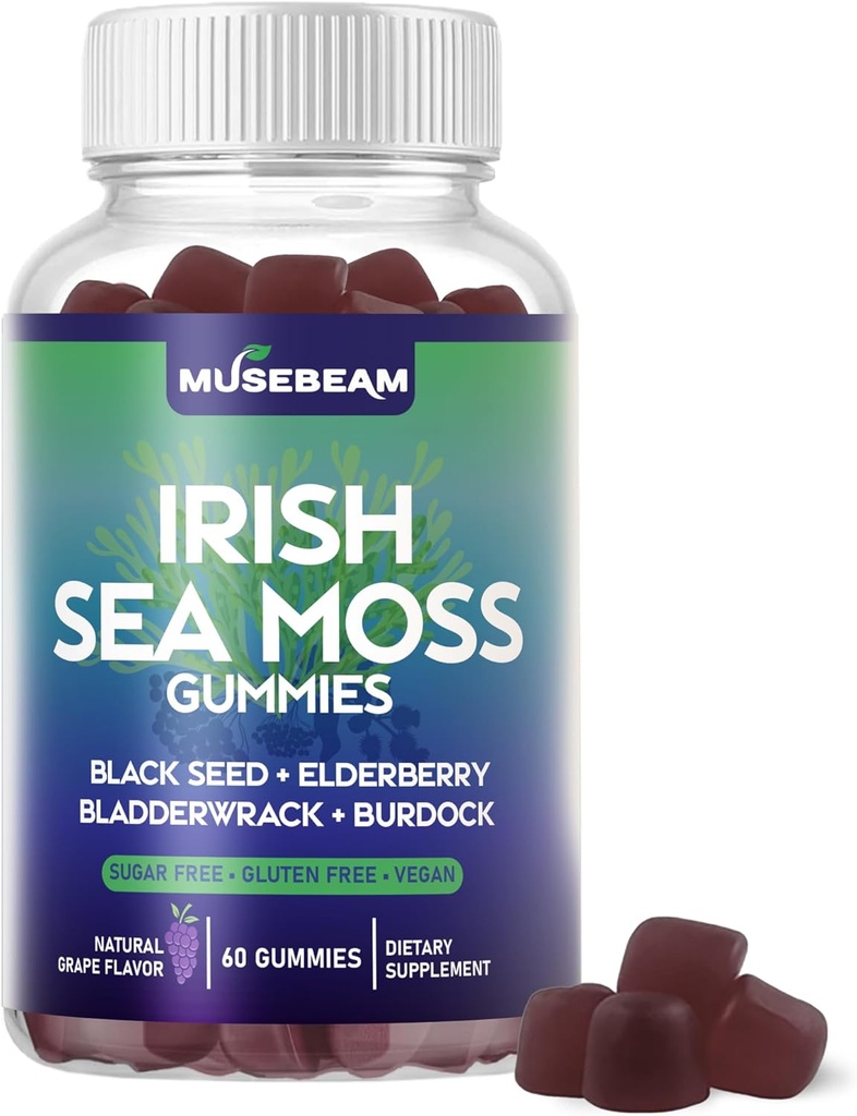 Irish Sea Moss Gummies - med Black Seed Elderberry Bladerwrack Burdock Gurmerisk Omega-3 Vitaminer C D3 Zink - Seamoss Kosttilskud til voksne kvinder Mænd - Sugar- Free Gluten Free Vegan
