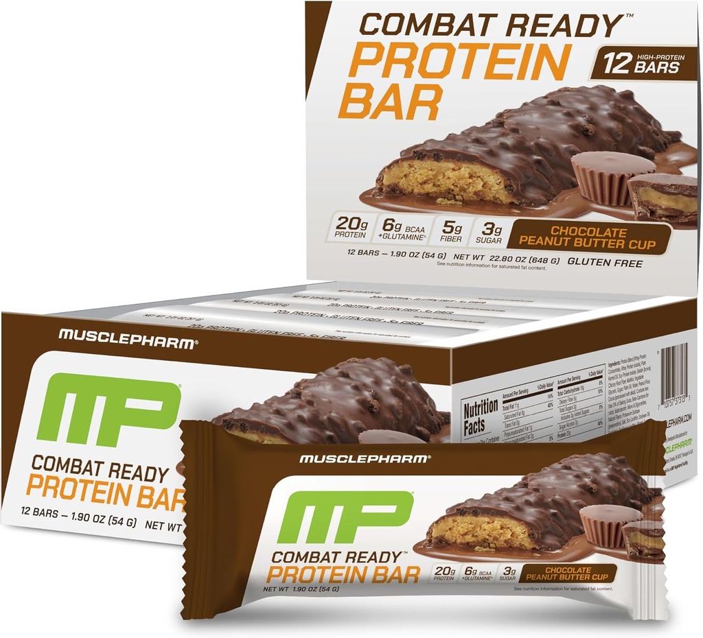 MusclePharm Combat Sport Bar, Chokolade Peanut Butter Cup, High Protein Bars, Combat Cravings, Fuel Performance & Meet Energy Demands, 20g Protein fra Whey Protein, 5g Fiber, Gluten Free, 12 Barer