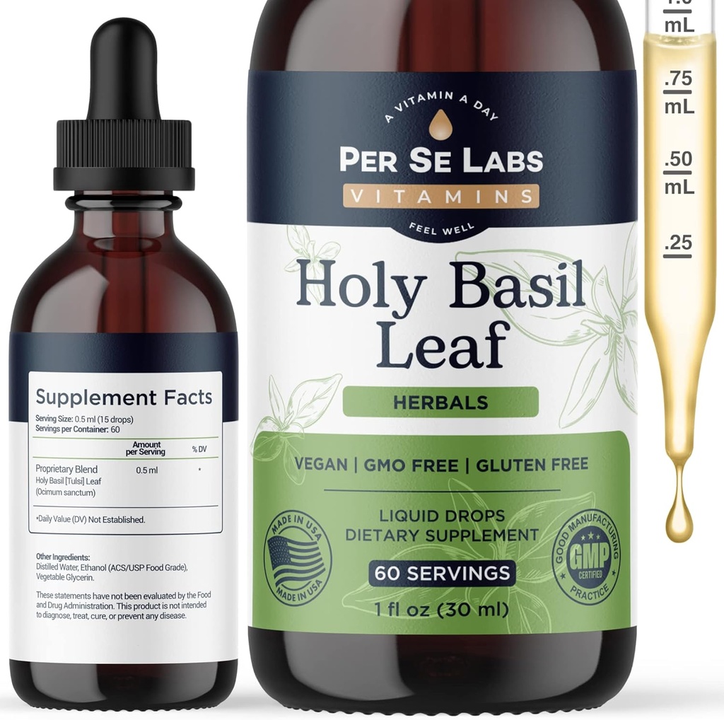 Organic Holy Basil Leaf Liquid Drops 2 Months Supply - immunforsvar, Brain & Focus Booster, Adaptogen