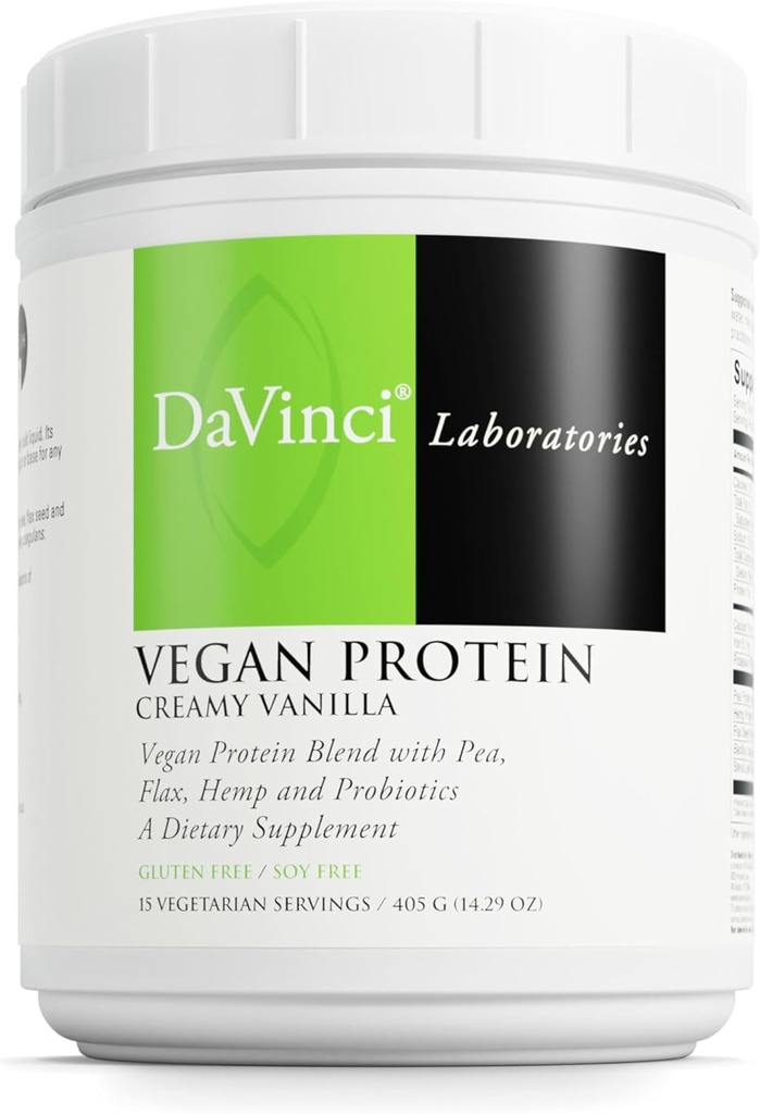 DaVinci Labs Vegan Protein - Protein Powder Support Understøtter Muscle & Tissue Reparation * - Vegan Protein Supplement med Pea Protein & Flax Seed - Creamy Vanilla, 15 Servere (405 g)