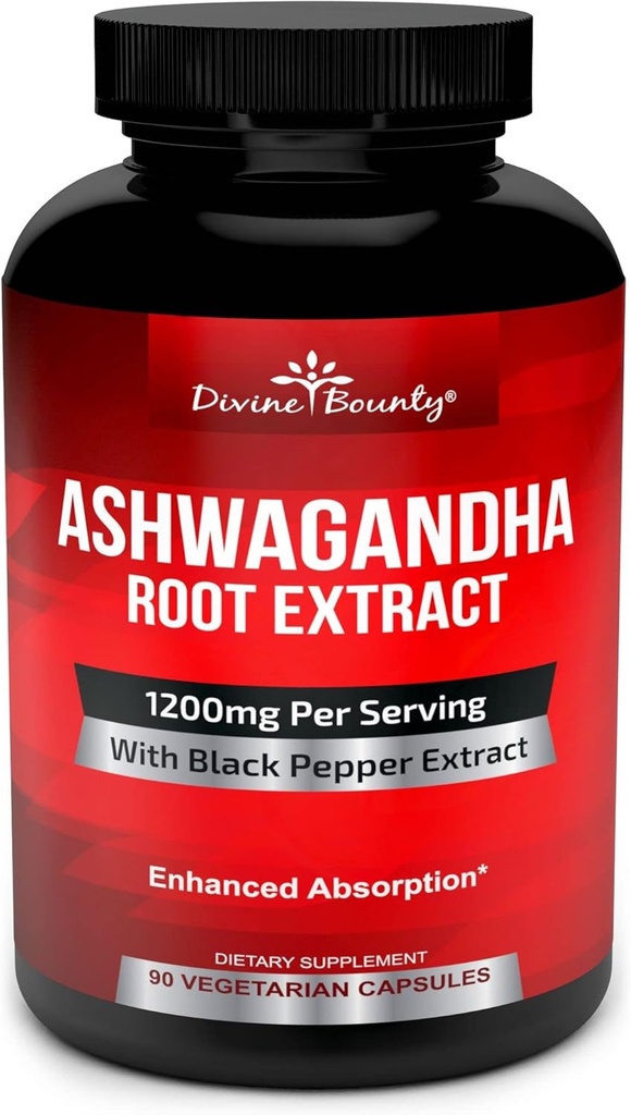 Divine Bounty Organic Ashwagandha kapsler - 1200mg Ashwagandha pulver med sort peber for forbedret absorption - Ashwaganda supplement til Calmness & Mood Support - 90 Veggie kapsler
