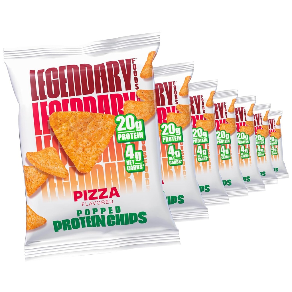 Legendary Foods Pizza Protein Chips - Popped Tortilla Style - 20g High Protein, 4g Net Carbs, Low Sugar, Gluten Free, Keto Snack Packs - 7 Greve - Sunde Crunchy Chips