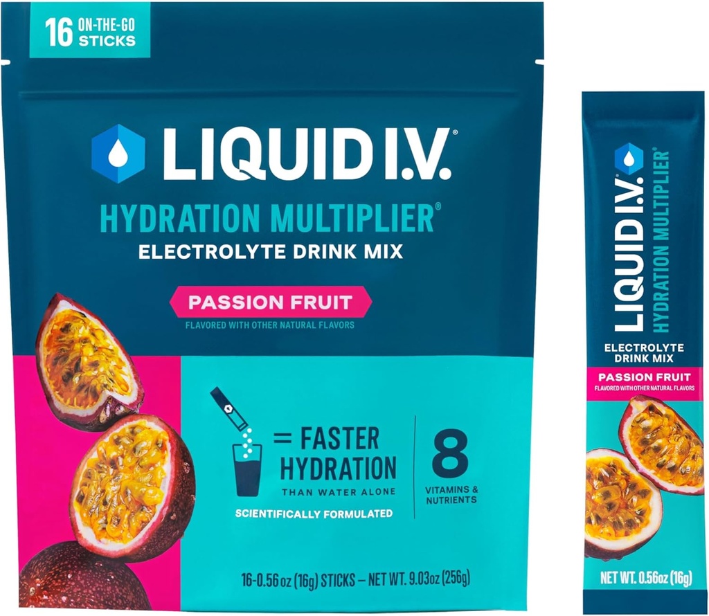 Liquid I.V. ® Hydration Multiplier ® - Passionsfrugt - Hydration Powder Packets - 124; Electrolyte Powder Drink Mix 124; Praktisk Single-Serving Sticks - 124; Non-GMO Medic124; 16 Serveringer (pakke med 1)