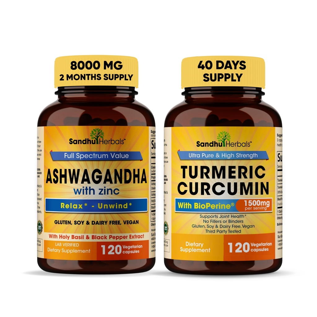Sandhu Herbals Organic 4in1 Ashwagandha w / Zink & Organic Gurkemeje Curcumin w / Bioperine Black Pepper Extract 124; Supporterer immunsystemet