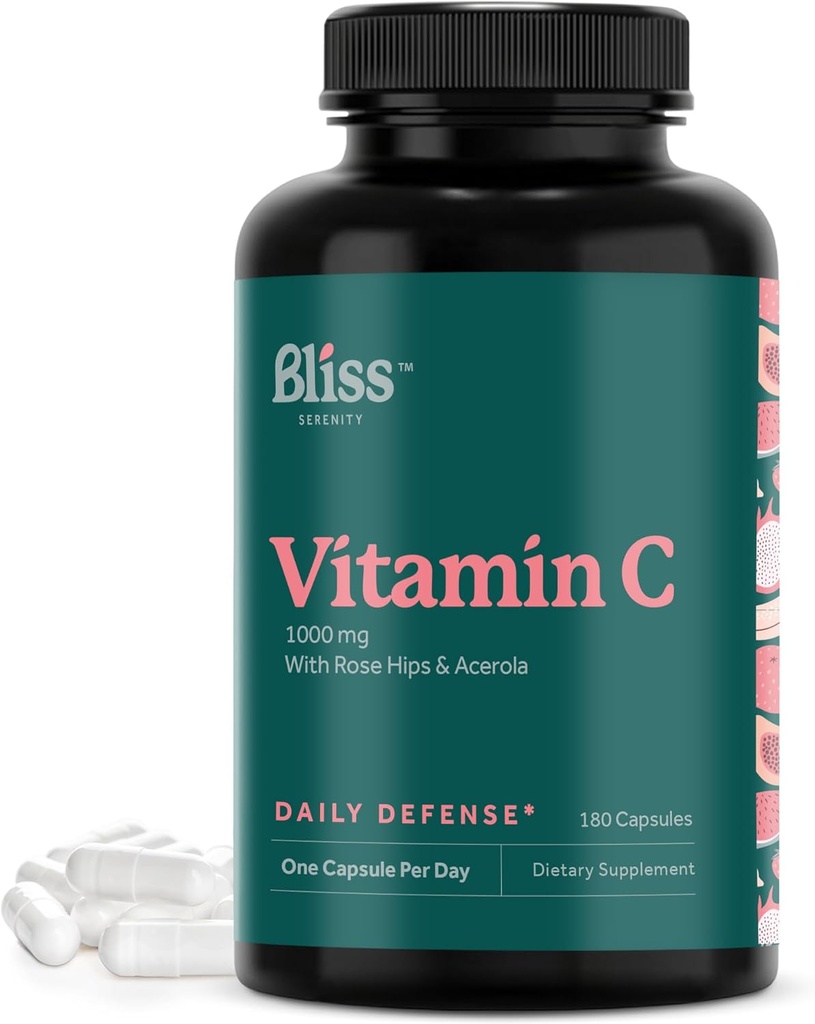 Vitamin C 1000mg - High Potency Vitamin C Supplement for Daily Immune Support with Rose HIPS & Acerola Bioflavonoids - Non-GMO Verified & Gluten Free, 180 VegCaps.