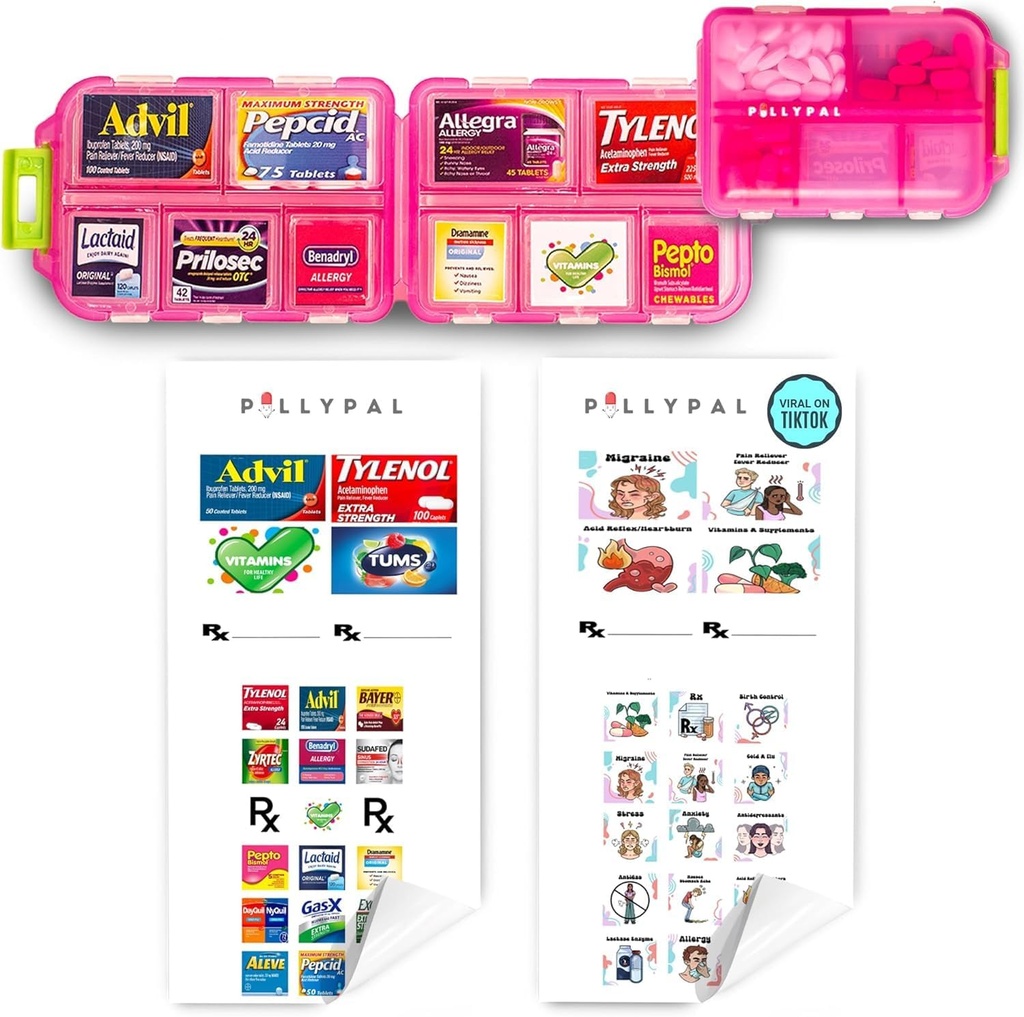 V1 Bærbar Rejsepille Organizer Holder med Stickers - 10 Slot Holdbar Compact sag til at organisere Meds, Pills, Medicin, receptioner, Health Vitaminer, Smykker, Rejser Essentials - Pink