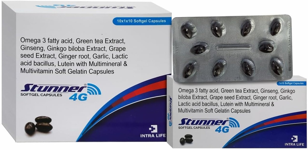 STUNNER- 4G SOFTGEL CAPS inseng Extract Powder 42,5 mg + Hvede Germ Oil 25mg + Citrus Bioflavonoider 20mg + Grape Seed Extract 15mg + Natural Mixed Carotenoider (10% Dispersion) 11.33mg + Green Tea Extract