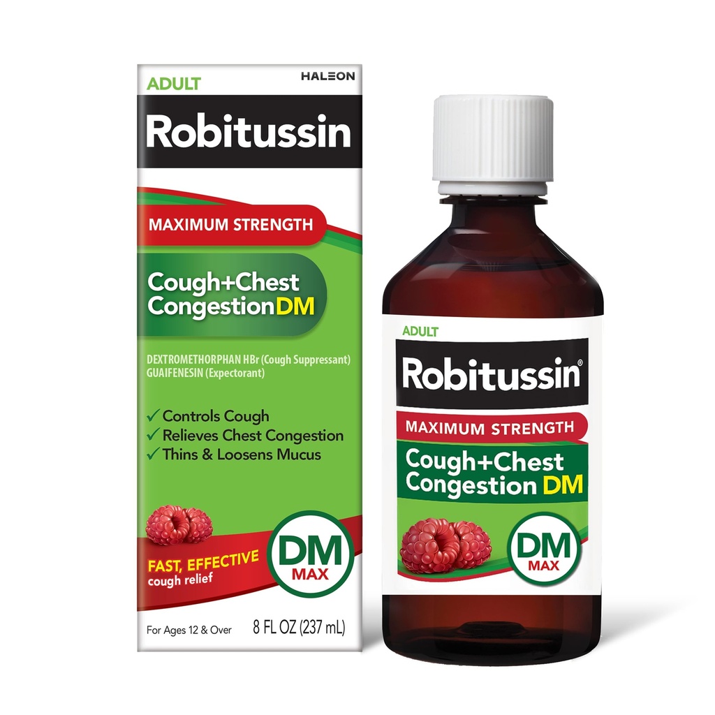 Robitussin Voksen maksimal styrke Host + Bryst Congestion DM Max (8 fl. oz. Flaske), Hoste suppressant & Expectorant, Raspberry Flavor