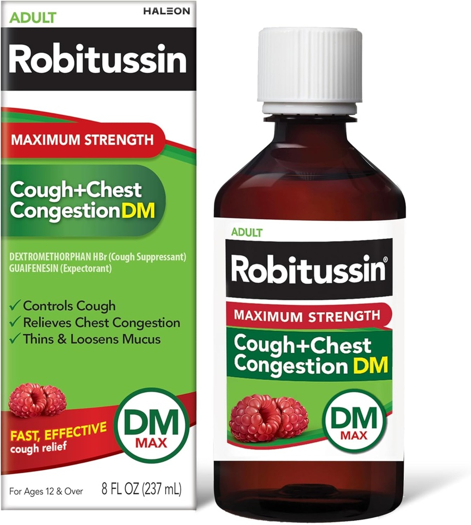 Robitussin Voksen maksimal styrke Host + Bryst Congestion DM Max (8 fl. oz. Flaske), Hoste suppressant & Expectorant, Raspberry Flavor