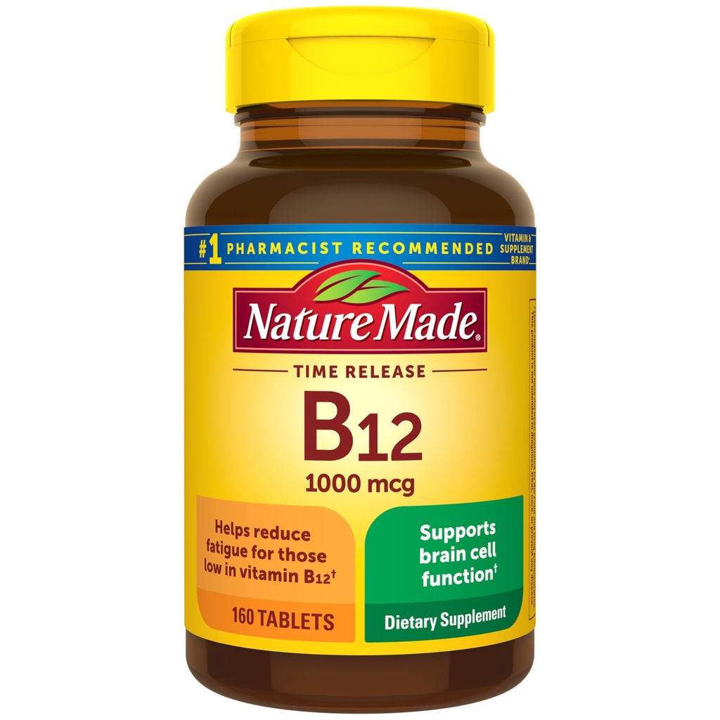Nature Made Vitamin B12 1000 mcg, Kosttilskud til energistofskiftestøtte, 160 tidsudgivelsestabletter, 160 dages forsyning