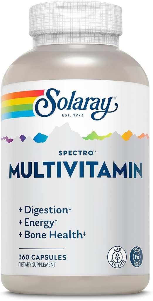 SOLARAY Spectro Multivitamin, Iron Free - Multi Vitamin w/Calcium, Magnesium, Energizing Greens, Digestive Enzymes - Digestion, Cellular Energy, Bone Health, Immune Support, 60 Servings, 360 Capsules