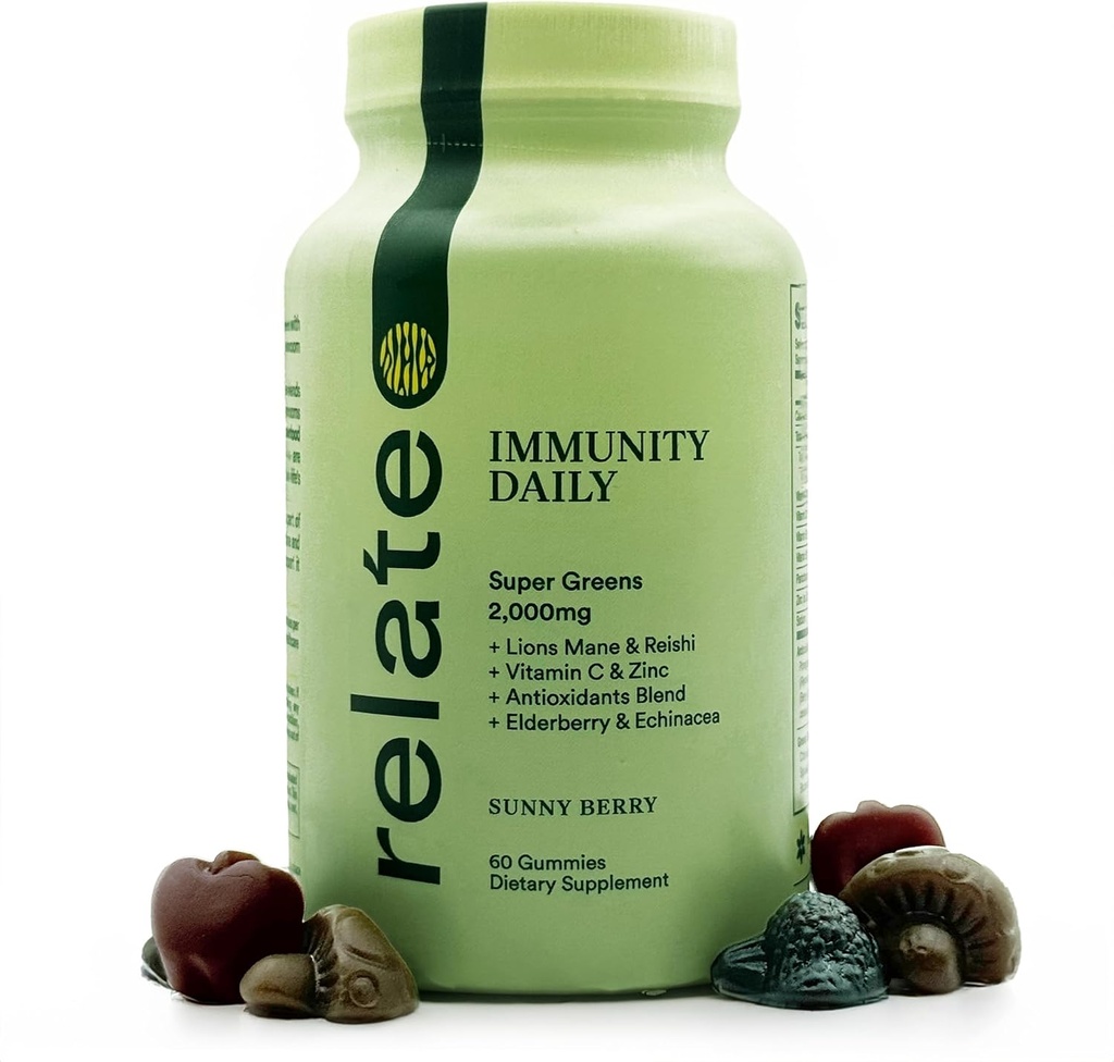 relate Immunity Daily Gummies - Super Greens, Lion's Mane & Reishi, Vitamin C & Zinc, Antioxidant Blend with Elderberry & Echinacea - Sunny Berry Flavor, 60 Count