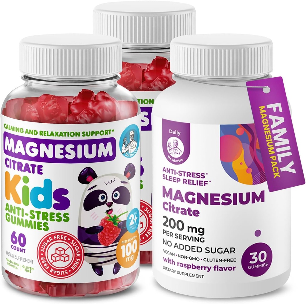 DR. Formand MORITZ Magnesium Bundle - Gummies for adult (200mg, 30 Count) og Kids Magnesium Gummies (60 Count, 2 Pack) - Sukkerfri