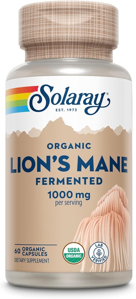 SOLARAY Organic Lions Mane Supplement kapsler - Giver 1000 mg af Lions Mane Organic Mushrooms, Gæret for forbedret absorption - Vegan, 60- Day Garanti, Lab Verified, 30 Servere, 60 VegCaps