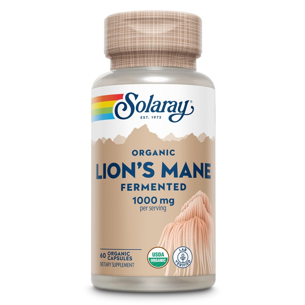 SOLARAY Organic Lions Mane Supplement kapsler - Giver 1000 mg af Lions Mane Organic Mushrooms, Gæret for forbedret absorption - Vegan, 60- Day Garanti, Lab Verified, 30 Servere, 60 VegCaps