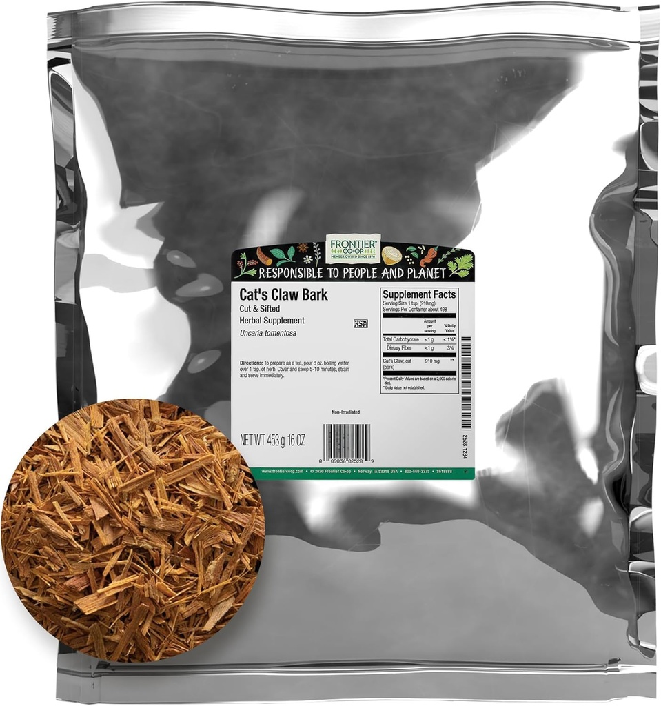 Frontier Co- op Cat 's Claw Bark, 1lb Bulk Bag, Cut og Sigted - 100% Pure & Natural Cat Claw Herb, Ideel til Teas, Tinctures, og Herbal Uses, Kosher