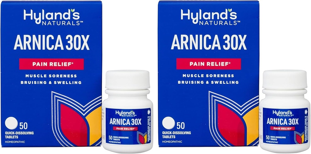 Hyland 's Naturals Arnica Montana 30x tabletter, Natural Relief of Bruises, Hævelse & Muskel ømhed, Quick Opløsning Tablets, 50 Greve (pakke med 2)