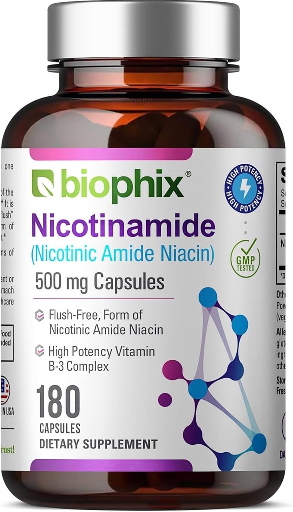 biophix B-3 Nicotinamid 500 mg 180 Caps - Nicotinsyre Niacin Natural Flush- Free Vitamin Formel - Understøtter hud celle sundhed