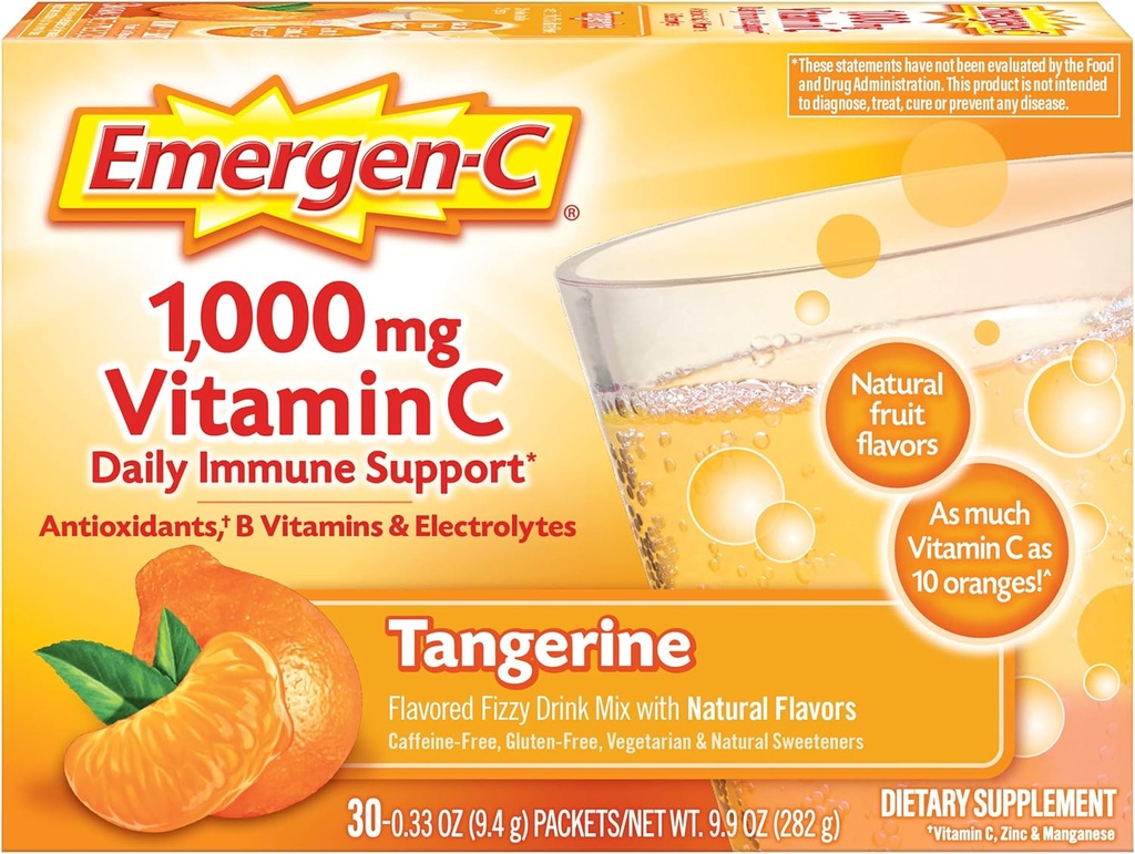 Emergen- C 1000mg C-vitamin pulver, med antioxidanter, B-vitaminer og elektrolyter, C-vitamin Kosttilskud til immunforsvar, Koffein Free Fizzy Drink Mix, Tangerine Flavor - 30 Greve