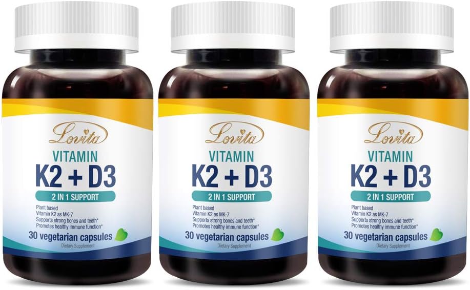 Lovita Vitamin K2 + D3, 400 IU Vegan Vitamin D3 & 120 mcg Vitamin K2 (MK-7), 2 in 1 Formula, Immune Vitamin Complex, Supports Your Heart, Teeth and Immune Function, 30 Vegetarian Capsules (Pack of 3)