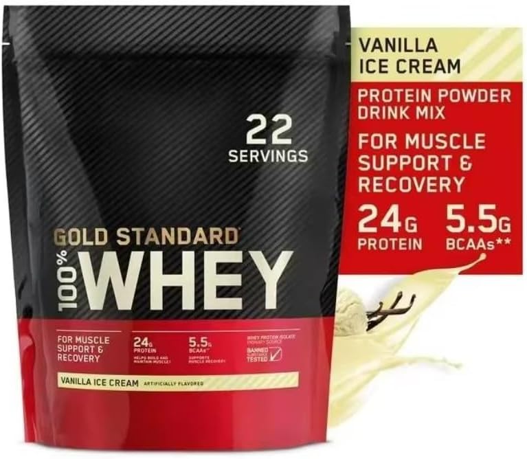 Whey Protein Powder Whey Isolere Gluten- Free 100% Protein Powder Sport Fitness Gold Standard 100% Gold Standard valle Protein 22 Servings-24 G Protein- 5,5 G BCAA Vanilla Ice Cream