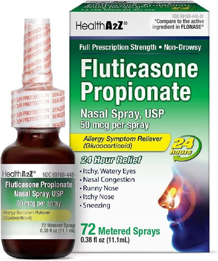 HealthA2Z ® Fluticasone Propionat Nasal Spray < 124; 50 mcg per Spray > 124; 24 timers Allergi Relief > 124; 72 sprays > 124; 0,38 fl oz. (11, 1 ml)