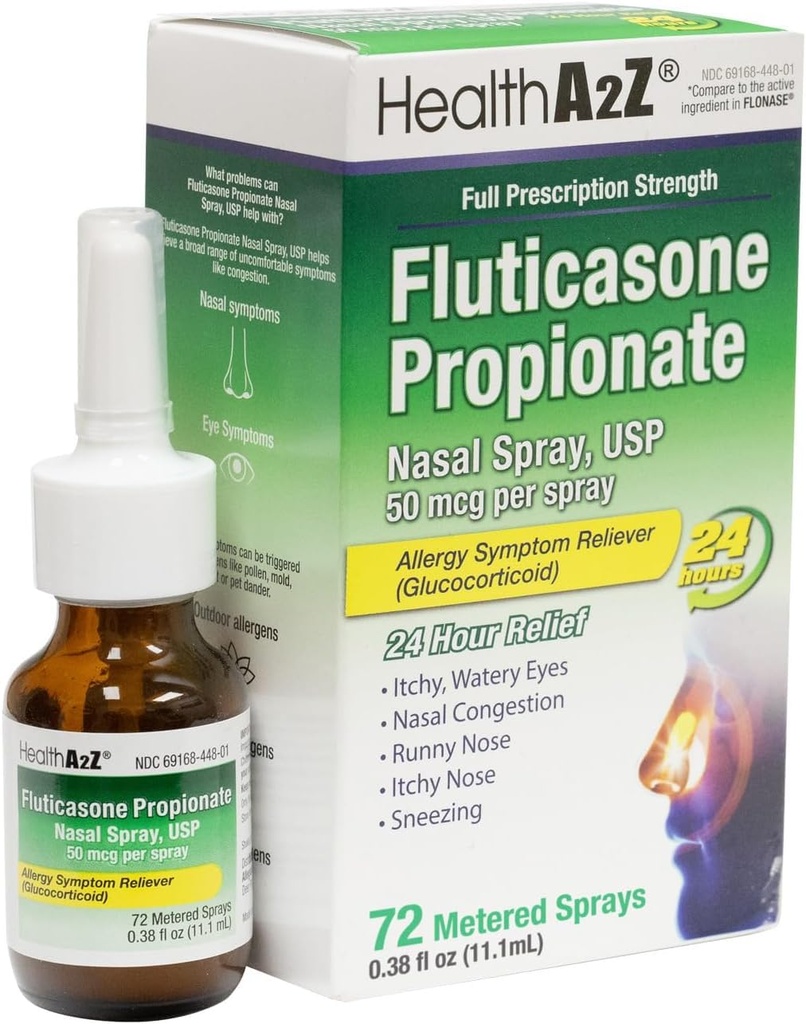 HealthA2Z ® Fluticasone Propionat Nasal Spray < 124; 50 mcg per Spray > 124; 24 timers Allergi Relief > 124; 72 sprays > 124; 0,38 fl oz. (11, 1 ml)