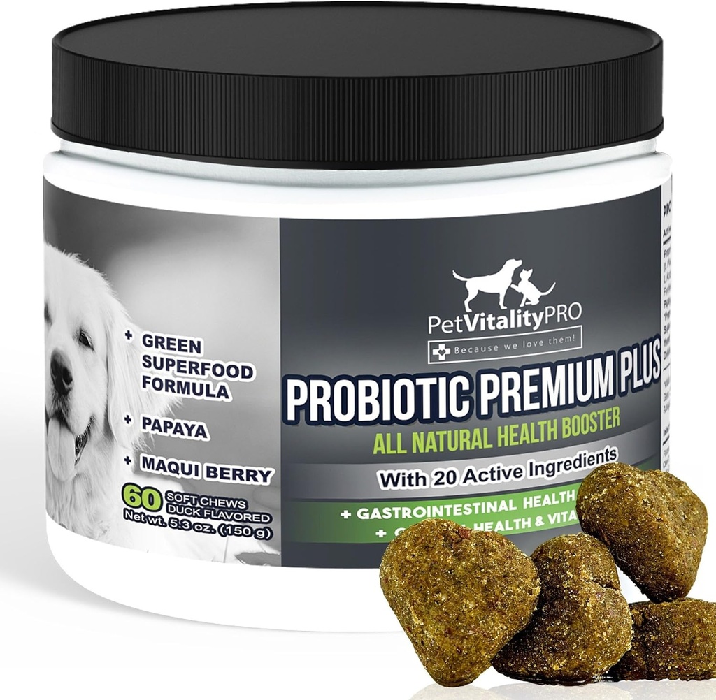Probiotika til hunde med naturlige fordøjelsesenzymer ● 4 Bill CFU 'er / 2 Soft Chews ● Hund Diarré Upset Mave Gær Gær Gas Dårlig ånde Immunitet Allergier Hud klø Hot Spots ● 60 Tæl