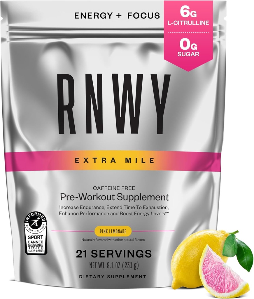 Extra Mile Caffeine Free Pre Workout Powder, 6g L-Citrulline, Sugar Free, Stimulant Free, with Dynamine™ and TeaCrine® for Endurance and Focus, 21 Servings (Pink Lemonade)