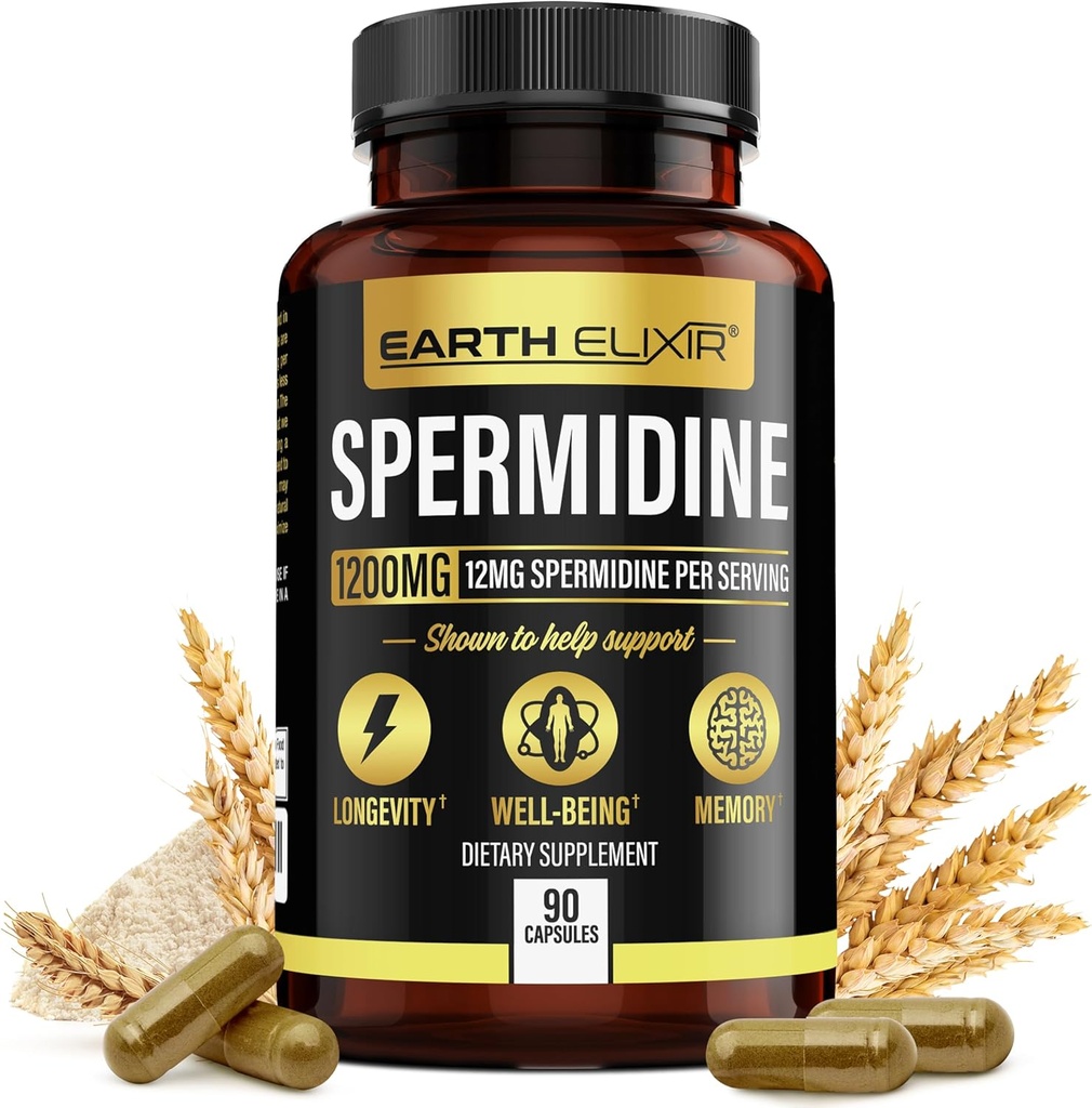 Earth Elixir Spermidin Kosttilskud 1200mg (90 kapsler) - Anti Aging - 3. part Testet (12mg Spermidin Pulver) Max Renhed - 100% Pure Espermidina- Gæret hvede Germ ekstrakt - NMN Alternativ