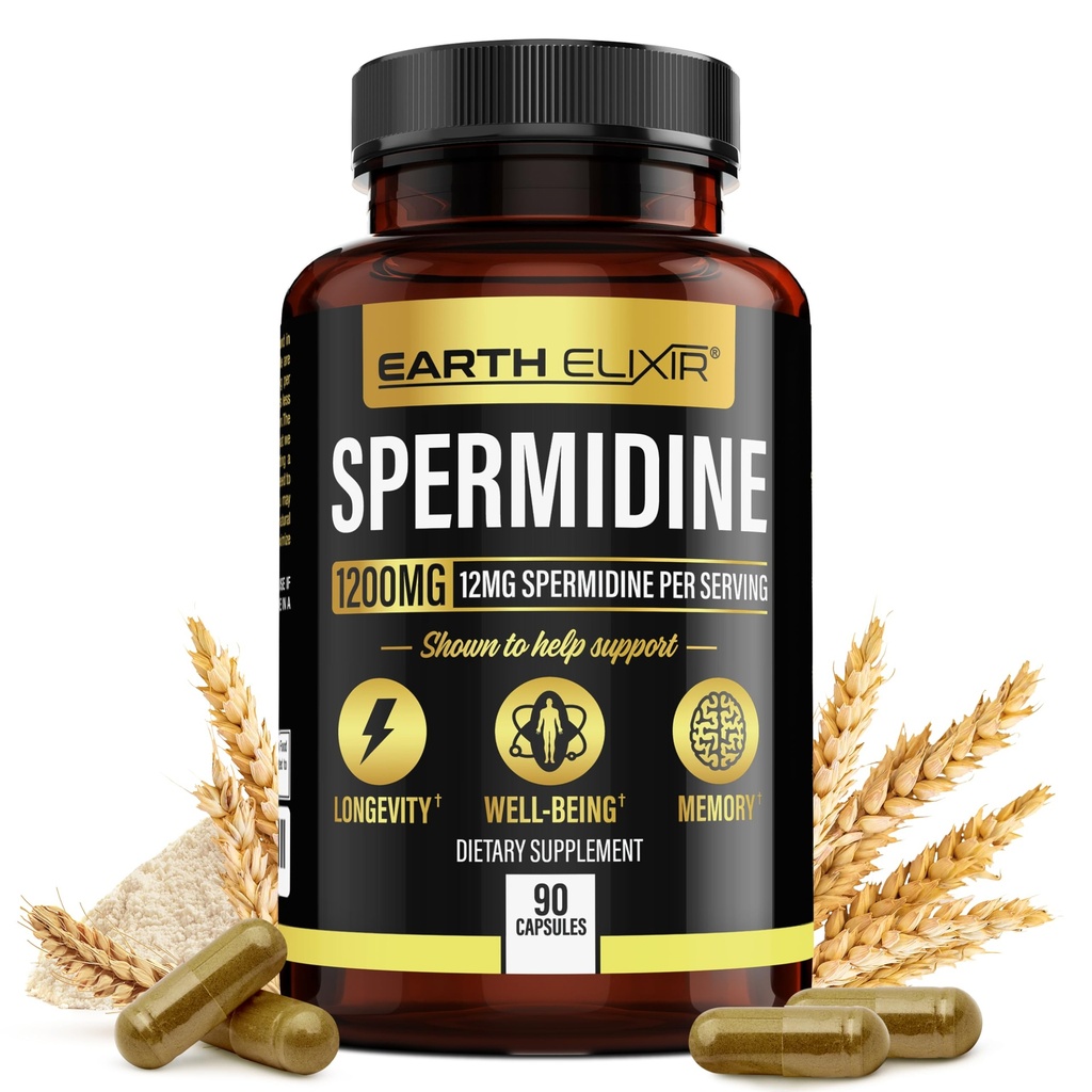 Earth Elixir Spermidin Kosttilskud 1200mg (90 kapsler) - Anti Aging - 3. part Testet (12mg Spermidin Pulver) Max Renhed - 100% Pure Espermidina- Gæret hvede Germ ekstrakt - NMN Alternativ
