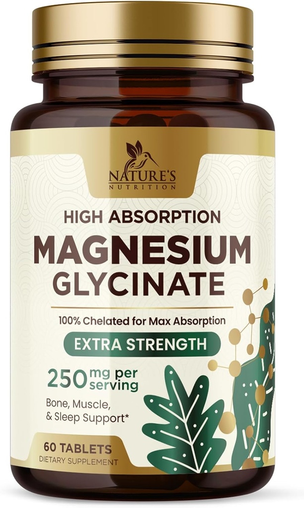 Magnesium (Glycinate) - Magnesiumtillæg for hjertesundhed, nerve, muskel, ben og søvn - 100% chelated & High Absorption - 250 mg per servering - Gluten Free, Vegan, Non- GMO - 60 Greve