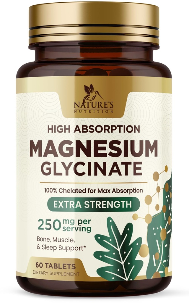 Magnesium (Glycinate) - Magnesiumtillæg for hjertesundhed, nerve, muskel, ben og søvn - 100% chelated & High Absorption - 250 mg per servering - Gluten Free, Vegan, Non- GMO - 60 Greve