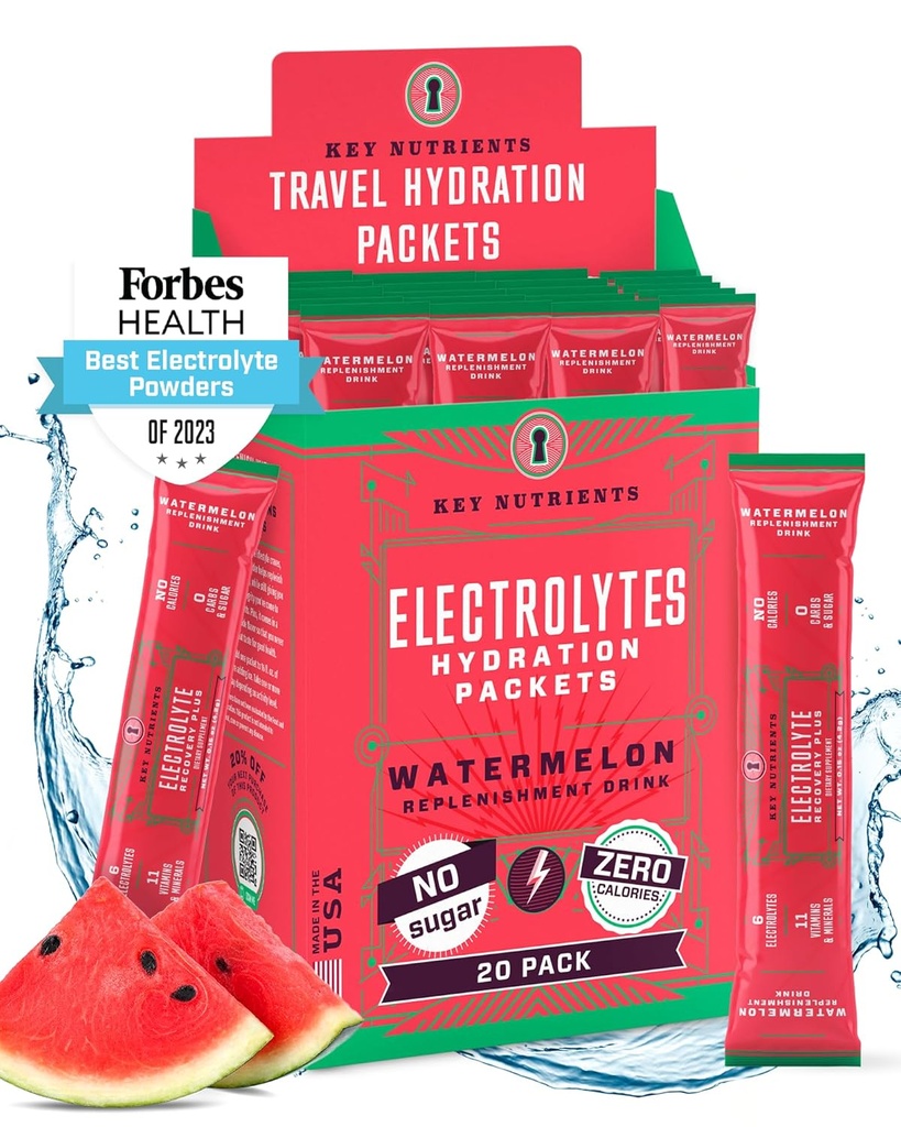 KEY NETRIENSER Electrolytes Powder Packets - Forfriskende Watermelon 20 Pack Hydration Packets - Travel Hydration Powder - Ingen sukker, Ingen kalorier, Gluten Free - Made in USA
