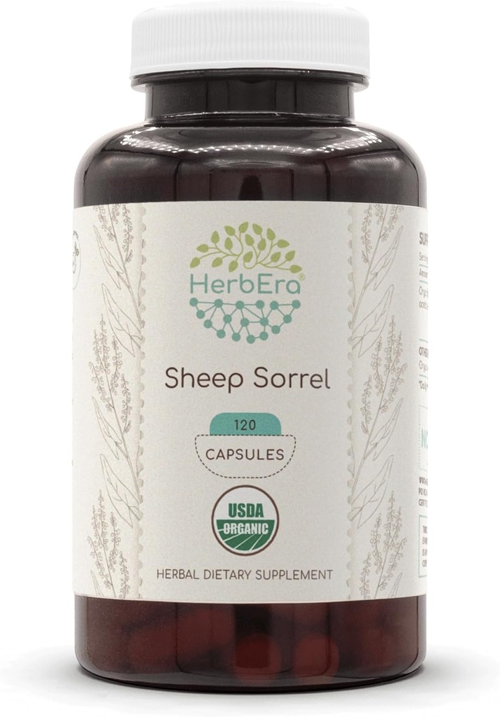 HerbEra Sheep Sorrel USDA Organic 120 Capsules ttesmå 124; Natural Herbal Supplements 124; Certified Organic Vegetary Capsules and Organic Sheep Sorrel (Rumex Acetosella) Tørret Herb (120 Capsules)